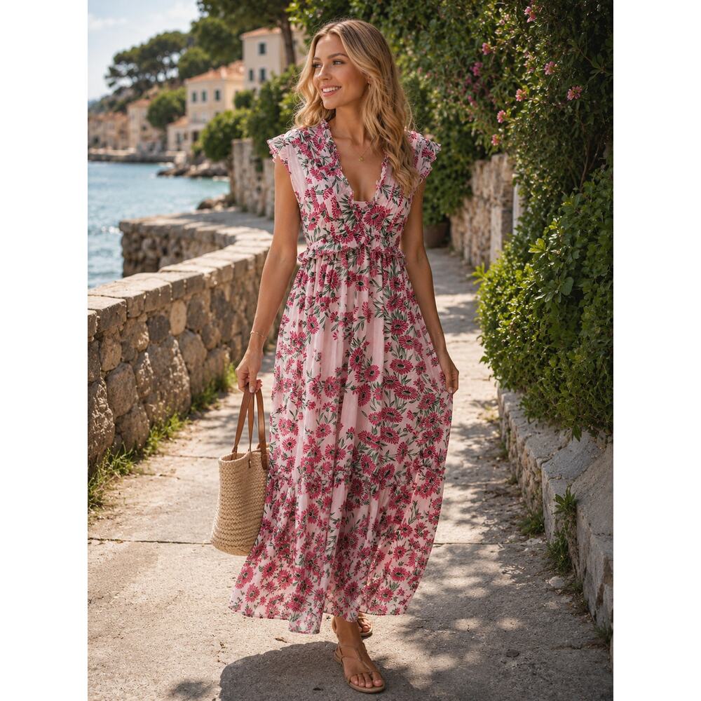 BANJANAN Constance Dress XS Dune Daisy Red Floral Cotton Maxi Dress - Picture 2 of 14